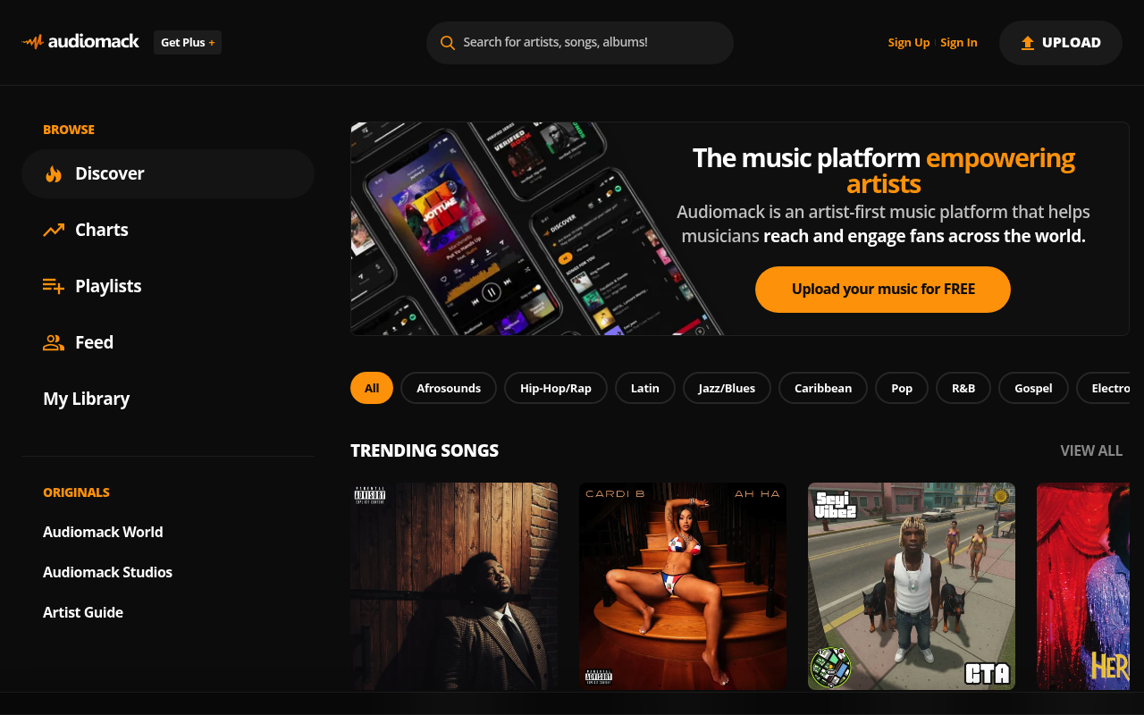 Audiomack homepage