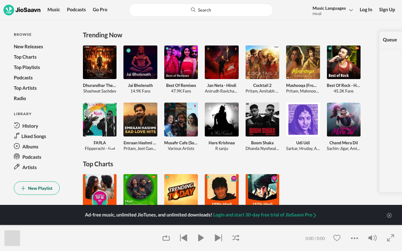 JioSaavn homepage